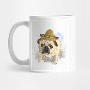 Pet portrait of Pug dog wearing Mexican hat. Watercolor painting Mug